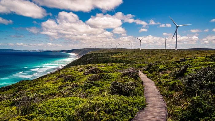 Ocean coast of Albany Western Australia with green scrub and wind turbines in the distance