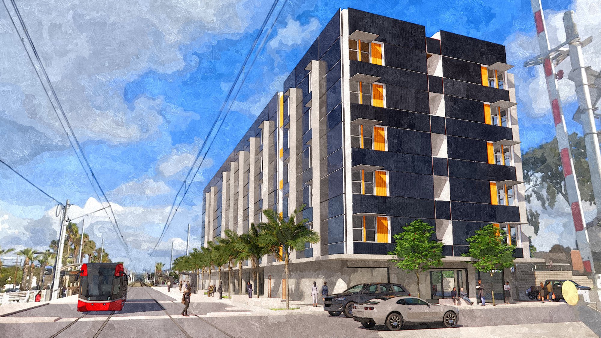 A rendering of a modern housing complex next to a public transit facility