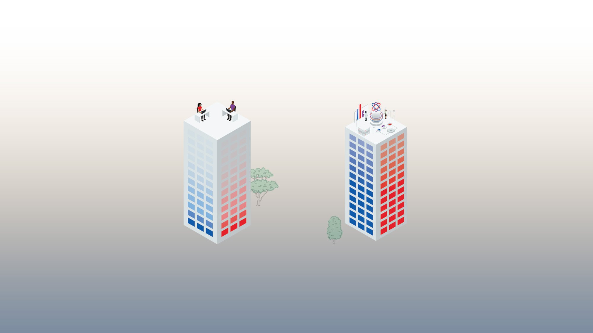 Digital illustration of two lab buildings