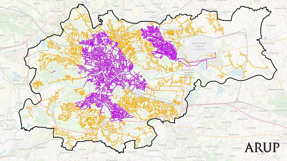 Model zlewni zintegrowanej Krakowa: mapa sieci kanalizacji
