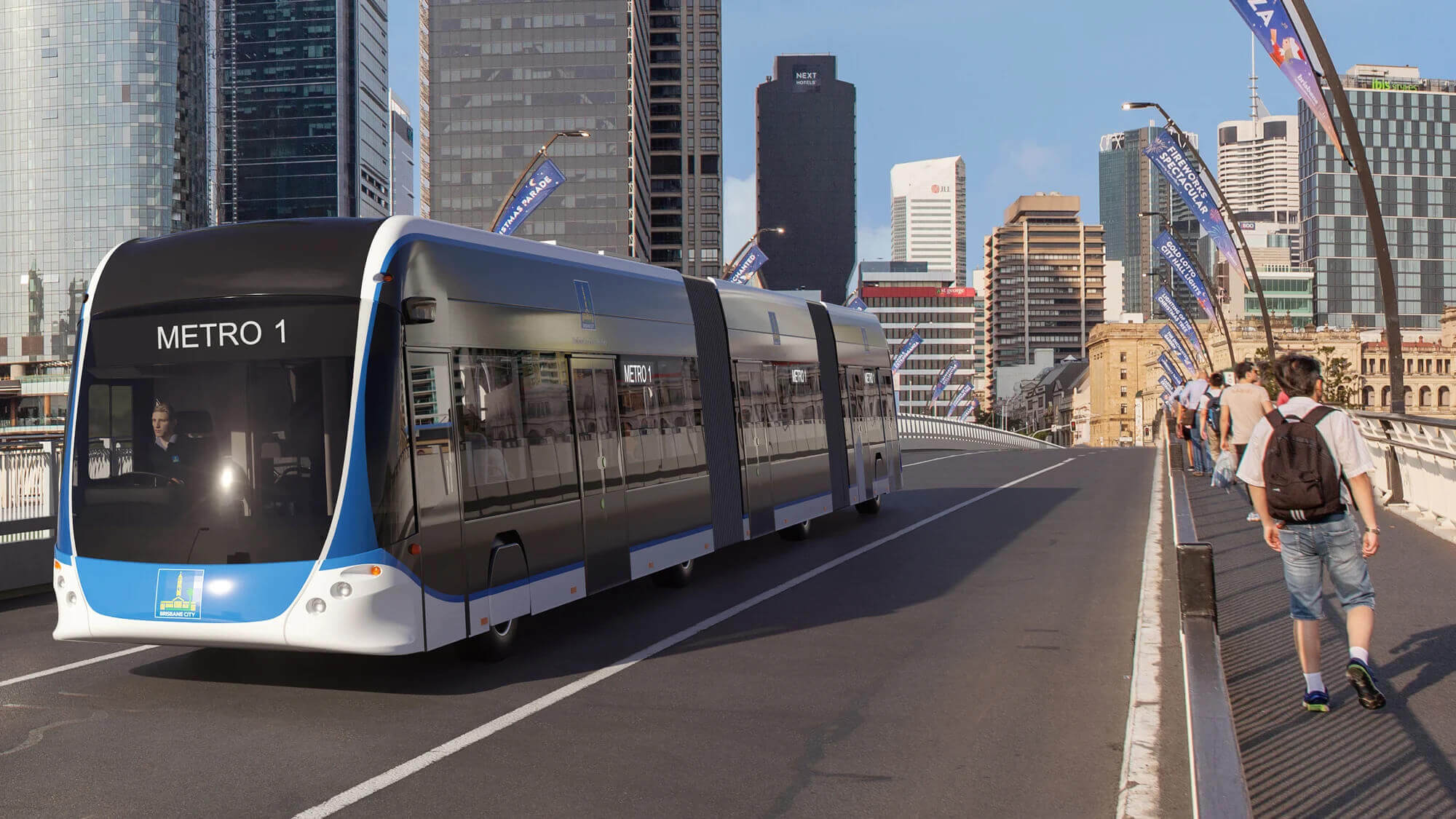 A photograph of the Brisbane metro, an electric vehicle rapid transport system (RTS) designed by 电竞竞猜外围 . 