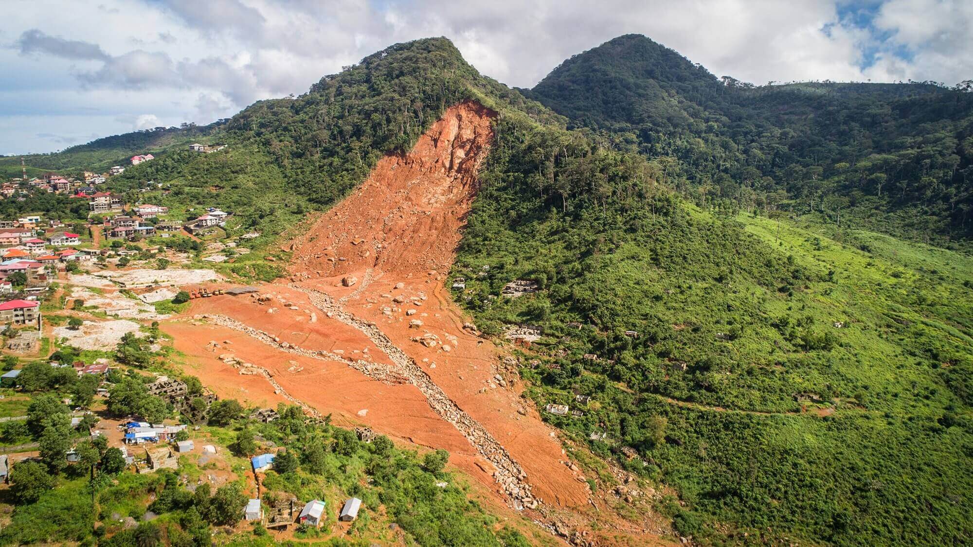 A photograph of the Freetown landslide, supported in recovery by Arup using nature-based solutions. 