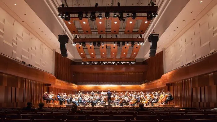 Milton Court concert hall interior with orchestra