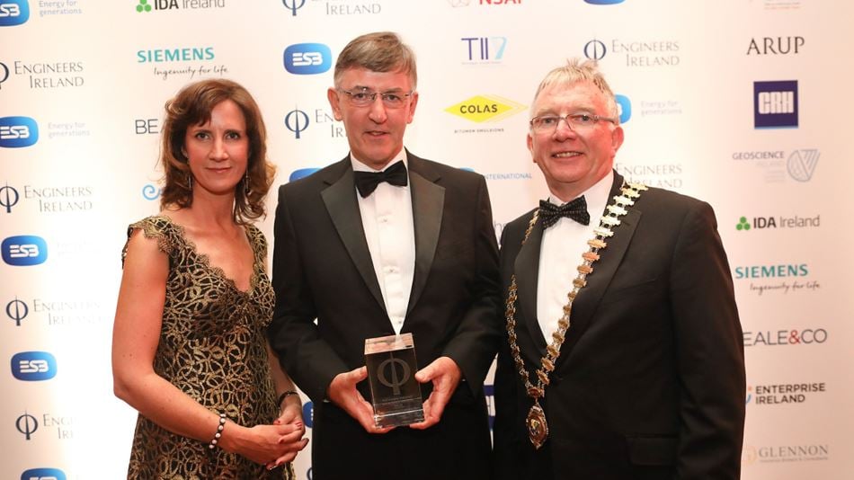 Caroline Spillane, Director General of Engineers Ireland, Eoghan Lynch, Chairperson of Arup in Ireland, and Peter Quinn, Engineers Ireland President, at the 2018 Engineers Ireland Excellence Awards. 