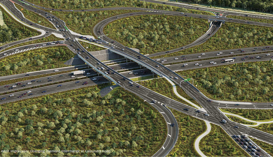Computer rendered image of an arial view of a large motorway intersection