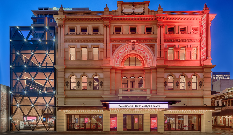 Her Majestys Theatre Adelaide at dusk