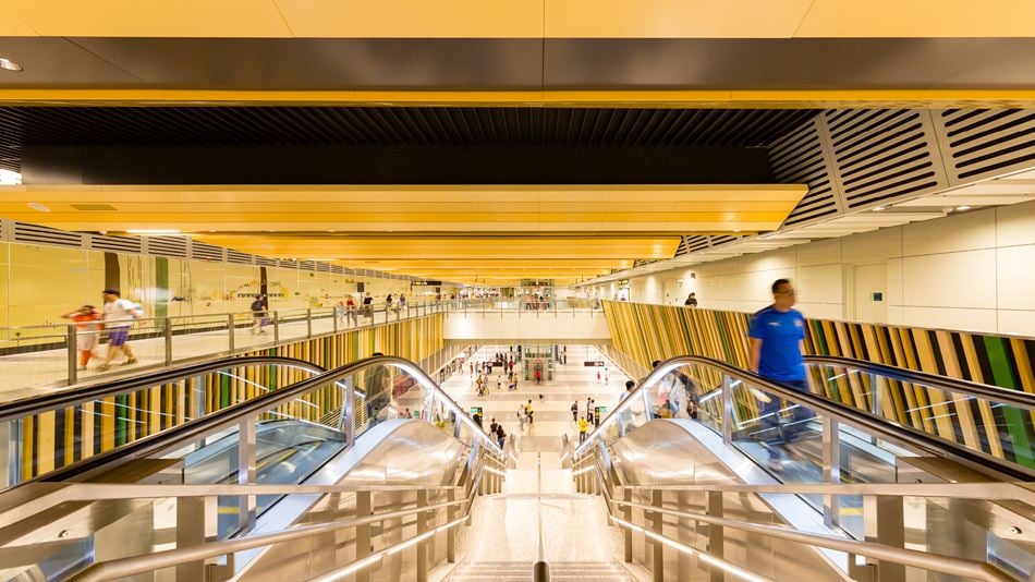 View of escalators inside Woodlands Station, Thomson-East Coast Line, Singapore
