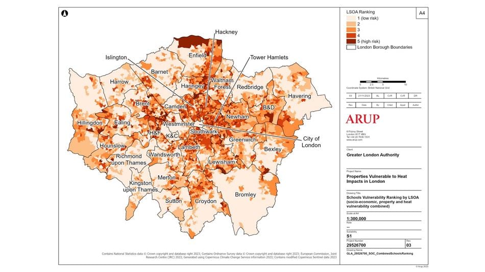 Map of heat vulnerability level of schools in London