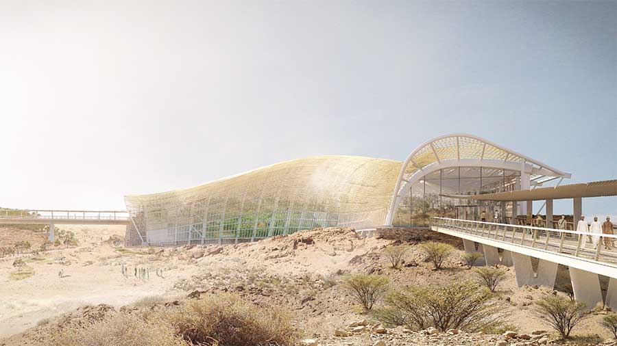 Rendering of Oman Botanic Gardens - outside one of the Biomes