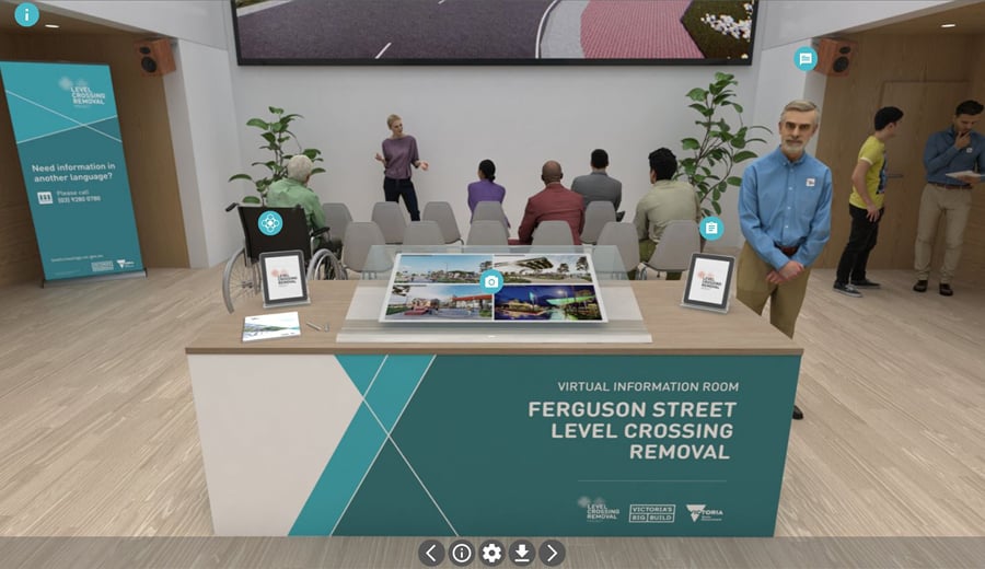 Arup's Virtual Engage platform picturing the virtual community information room, Ferguson St Level Crossing Consultation