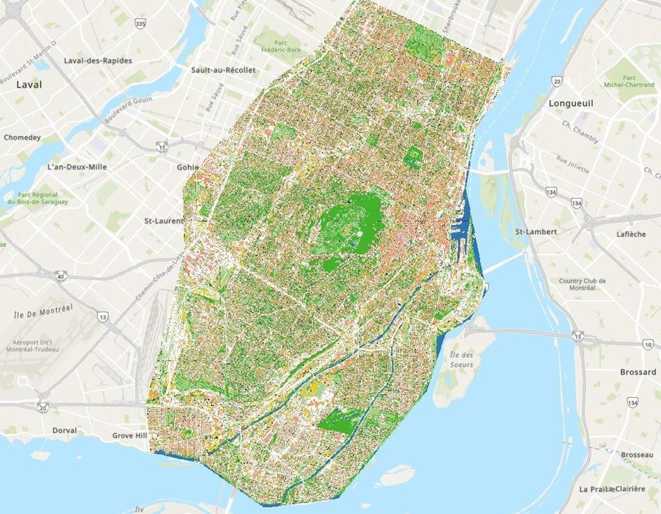 A digital illustration of analysis using shades of green and blue to indicate sponginess. The illustration is of the map of Montreal.