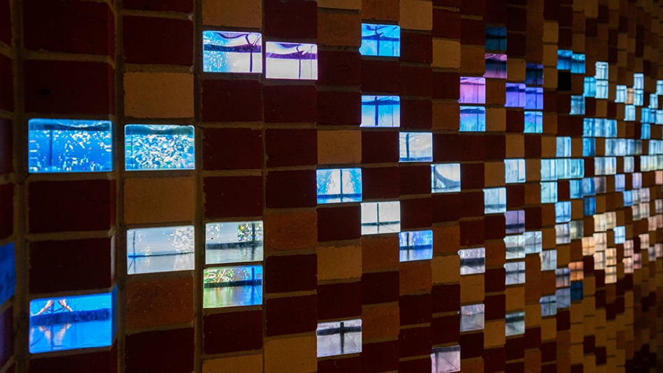 Close up view of the digital bricks display on the facade of Science Gallery Melbourne