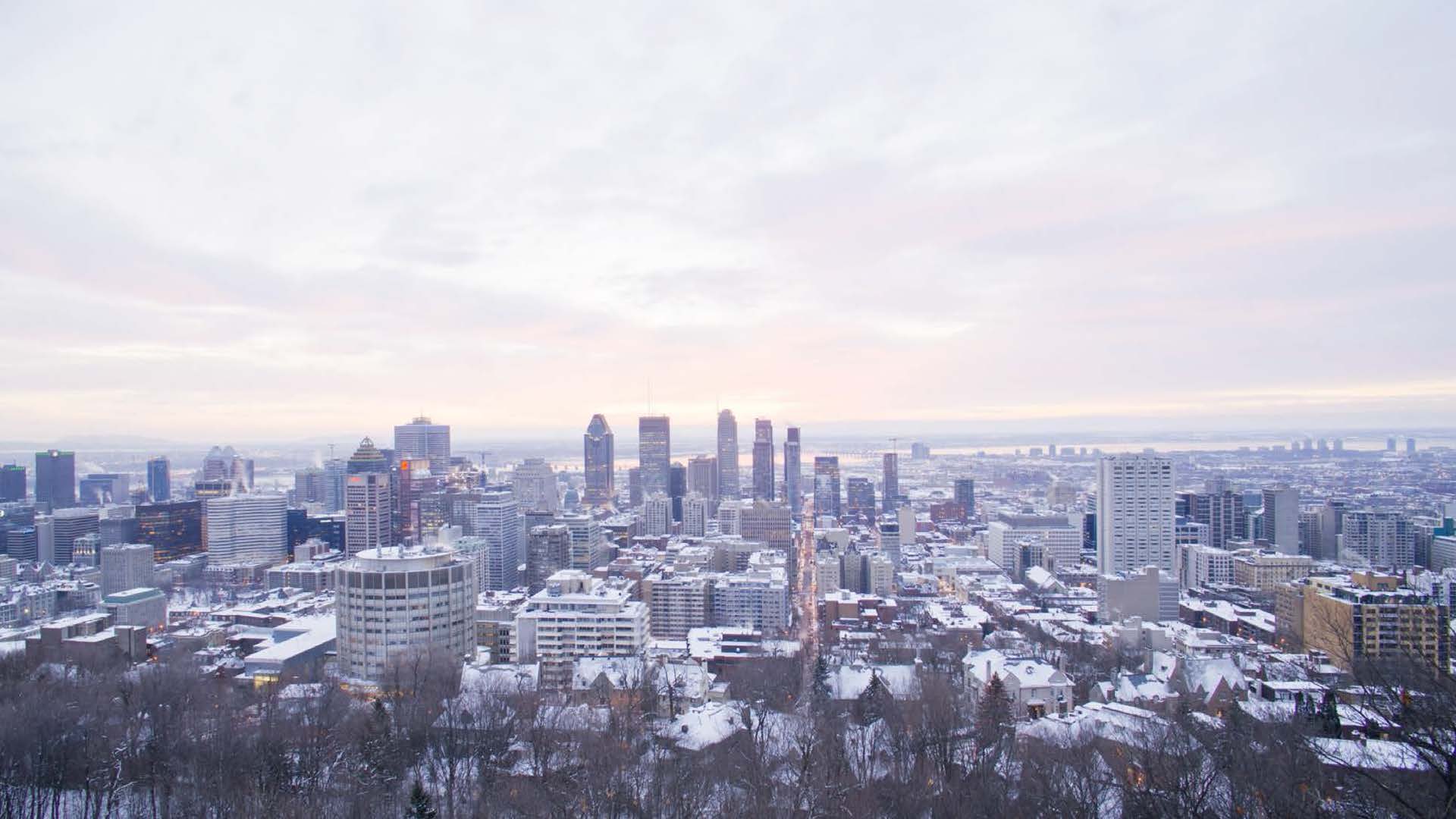 A snowy image of the city of Montreal at dusk.