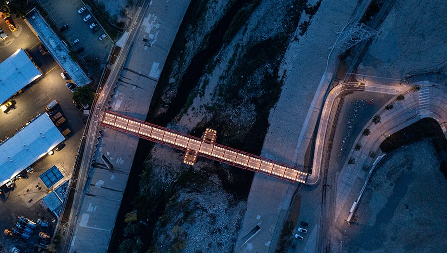 Aerial view of the Taylor Yard Bridge during the evening