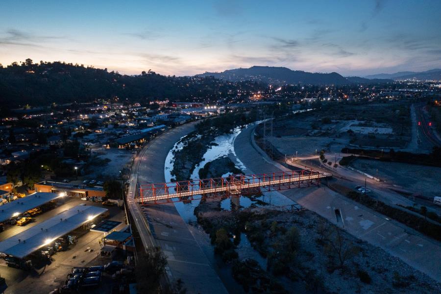 Aerial view of the Taylor Yard Bridge during sunset