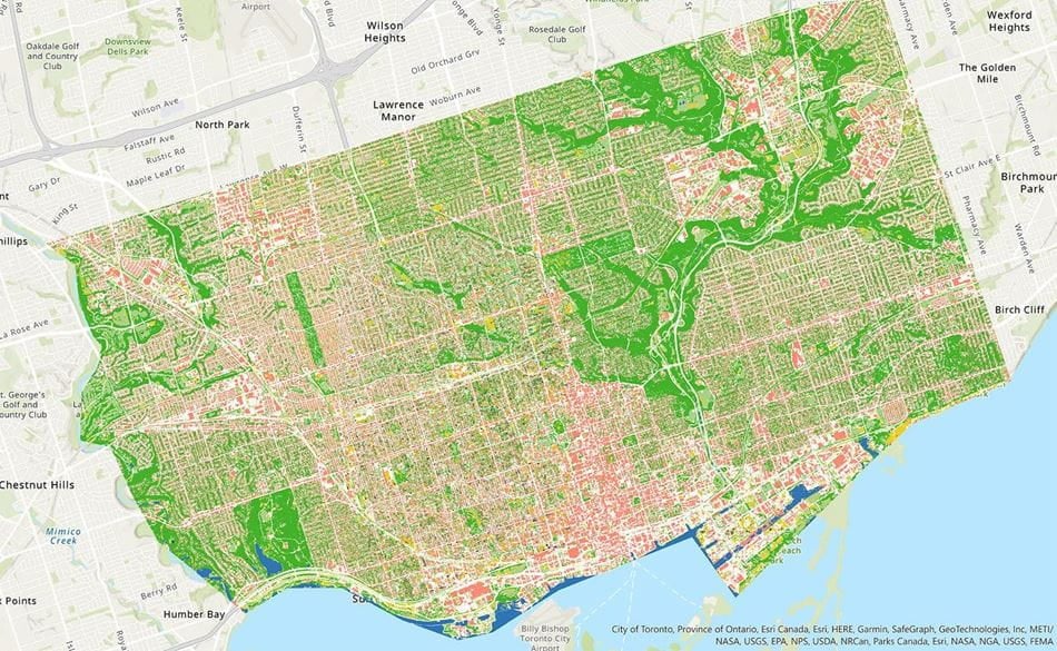 A digital illustration of analysis using shades of green and blue to indicate sponginess. The illustration is of the map of Toronto.