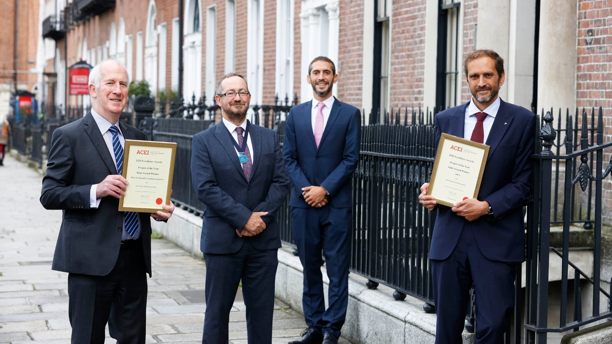 Representatives from Mott MacDonald, ACEI and Arup at the award presentation for the Project of the Year 2020 for the Rose Fitzgerald Kennedy Bridge.