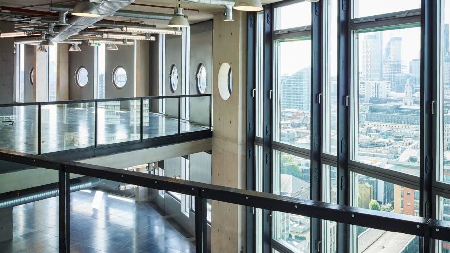 An image from inside one of the newly developed office spaces, with views across London