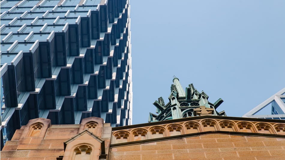 60 Martin Place Sydney looking up at sky over Saint Stephen’s Uniting Church