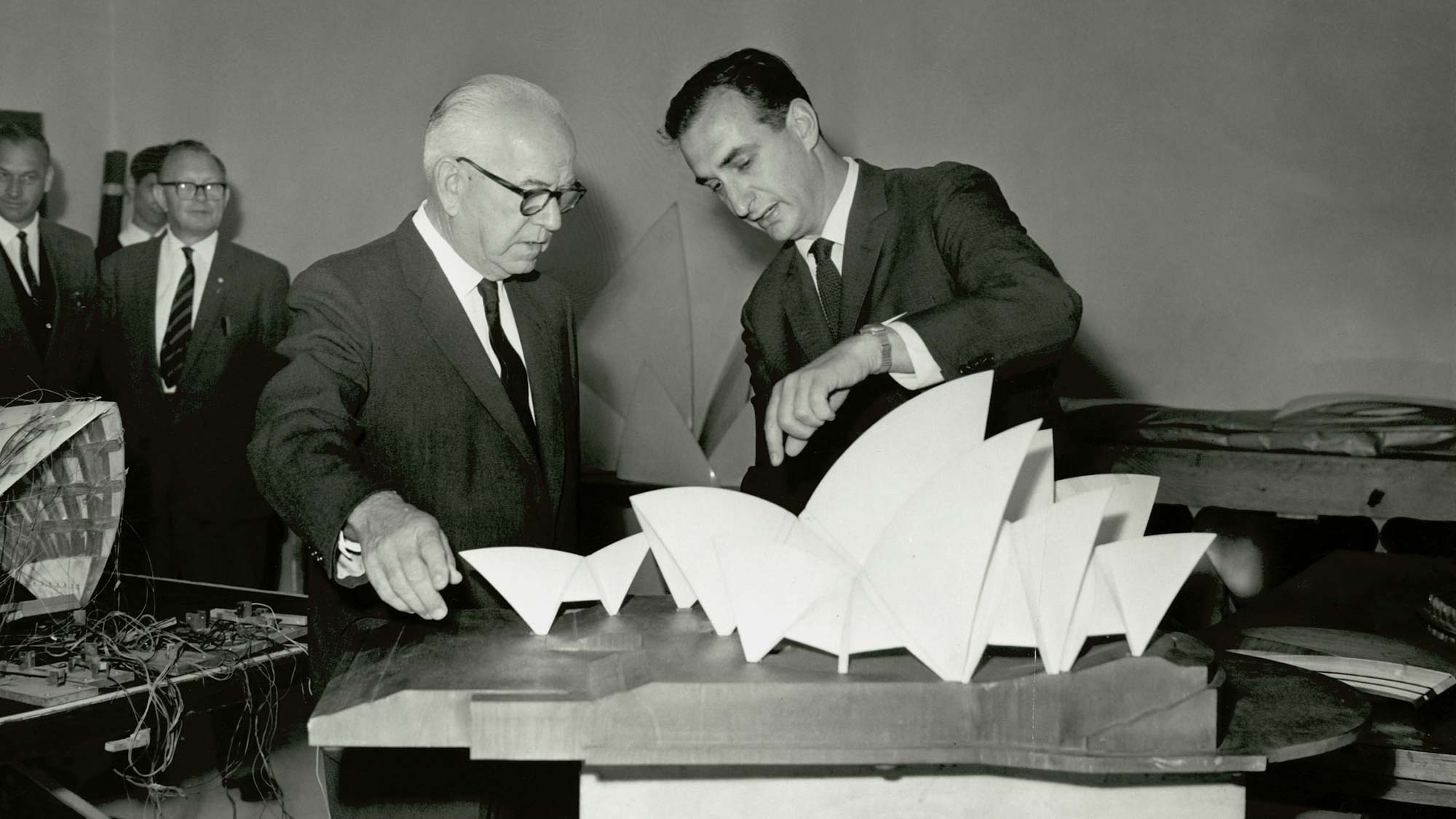 Ove Arup with a model of the Sydney Opera House