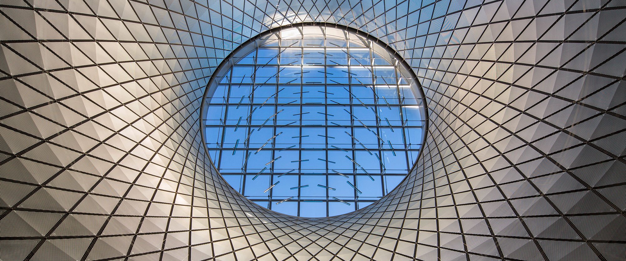Looking up at the roof of the Fulton Street Transit Center in New York