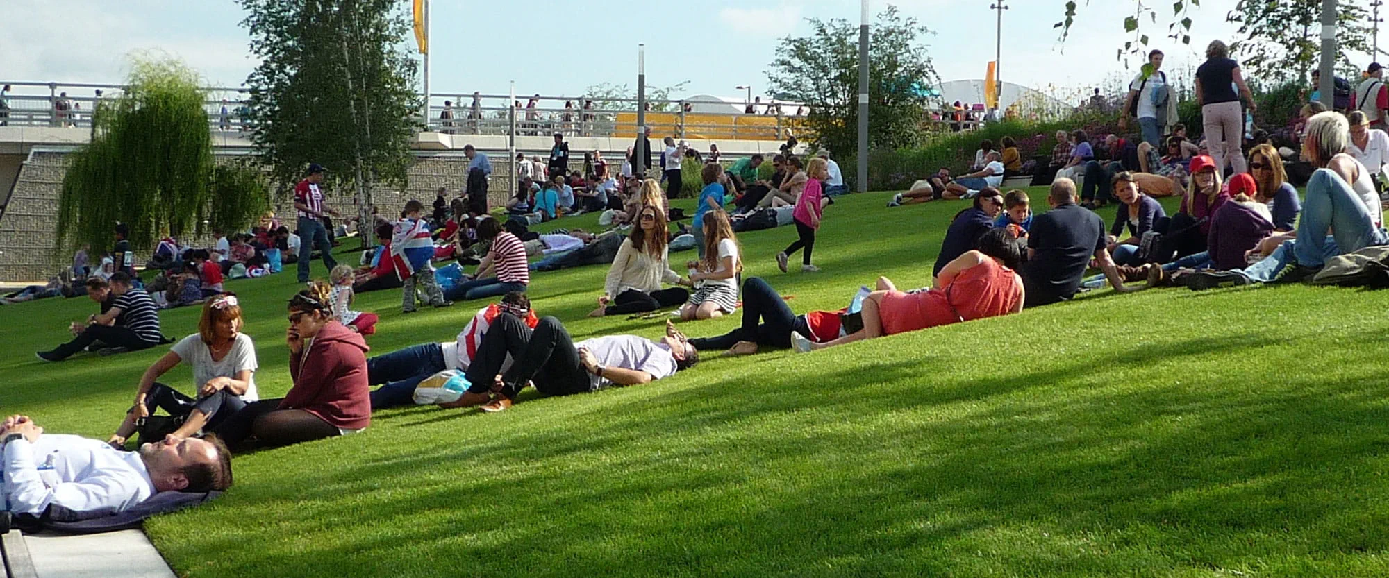 City green space with people relaxing