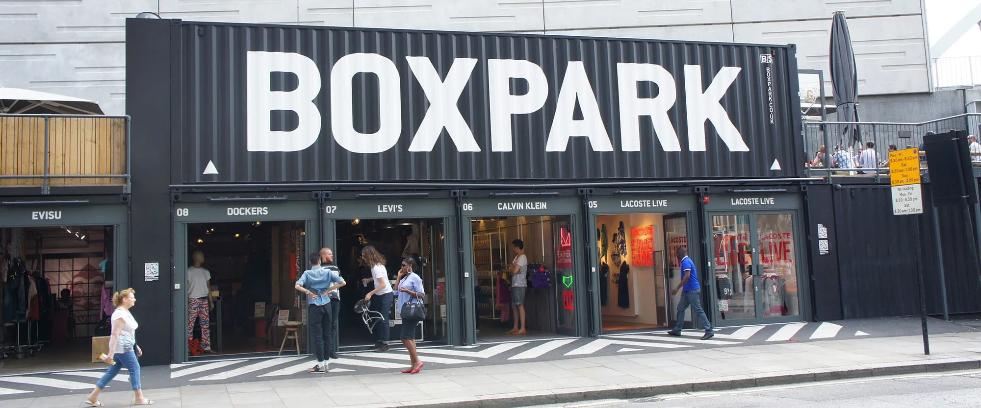 'Boxpark' - a temporary shopping area in London's Shoreditch constructed from shipping containers, or 'boxes'