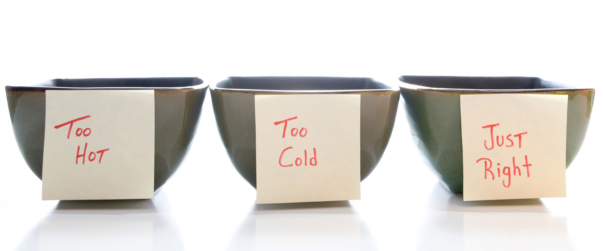 Three bowls of porridge labelled 'Too hot', 'Too cold', 'Just right'.