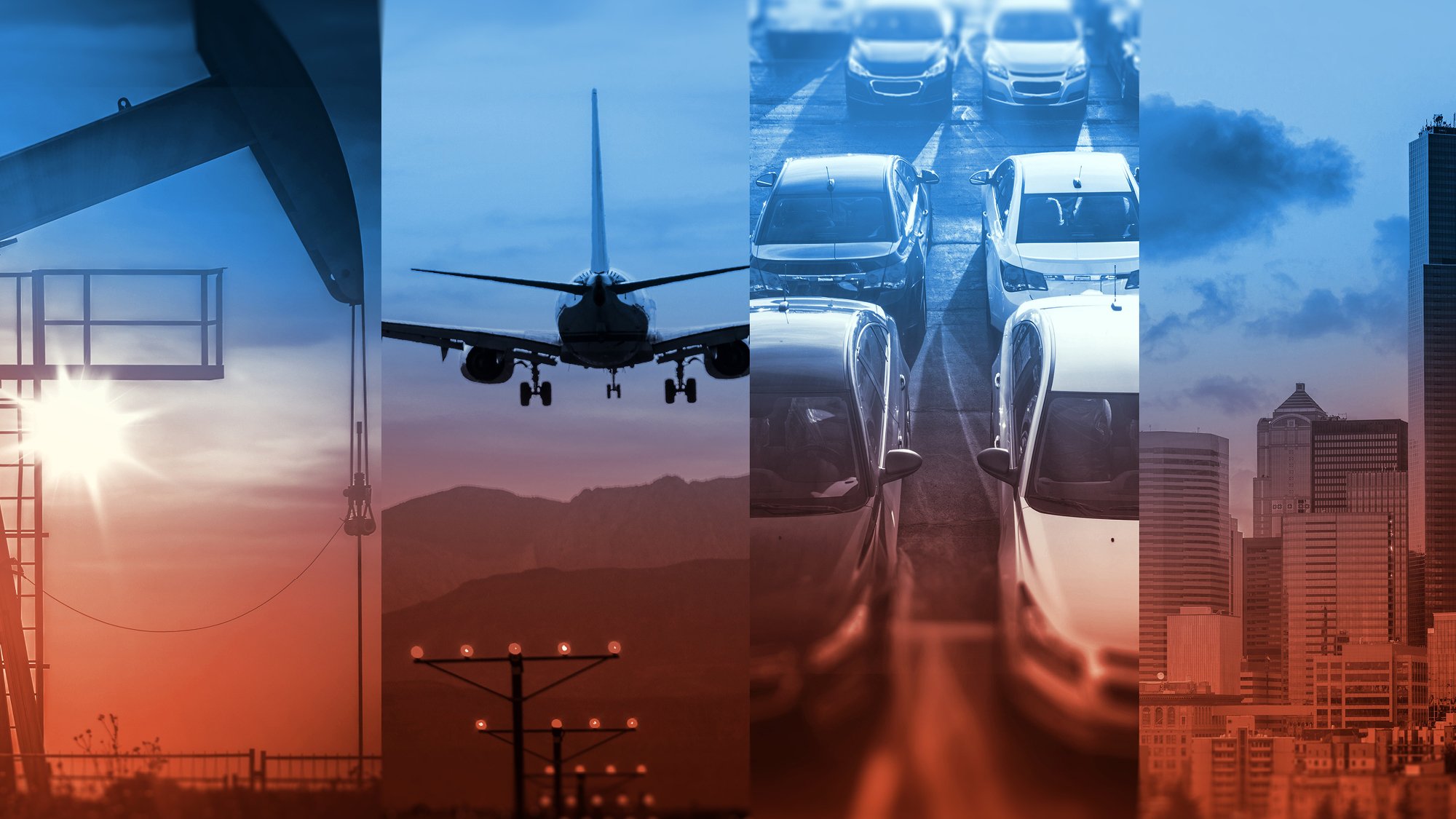 Collage of photographs of cars on road, plane over power lines, city skyline