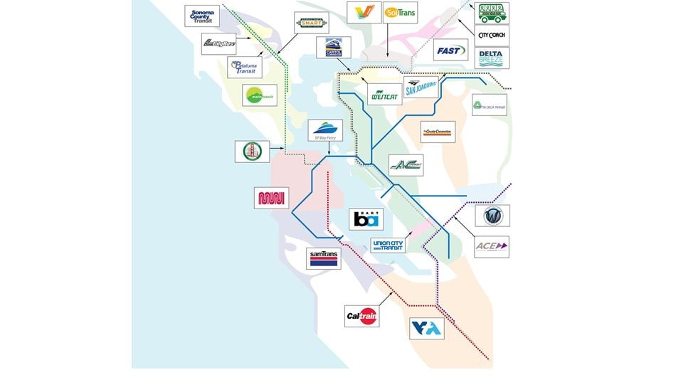 Map showing different public transport operators for San Francisco Bay Area. Source: Seamless Bay Area