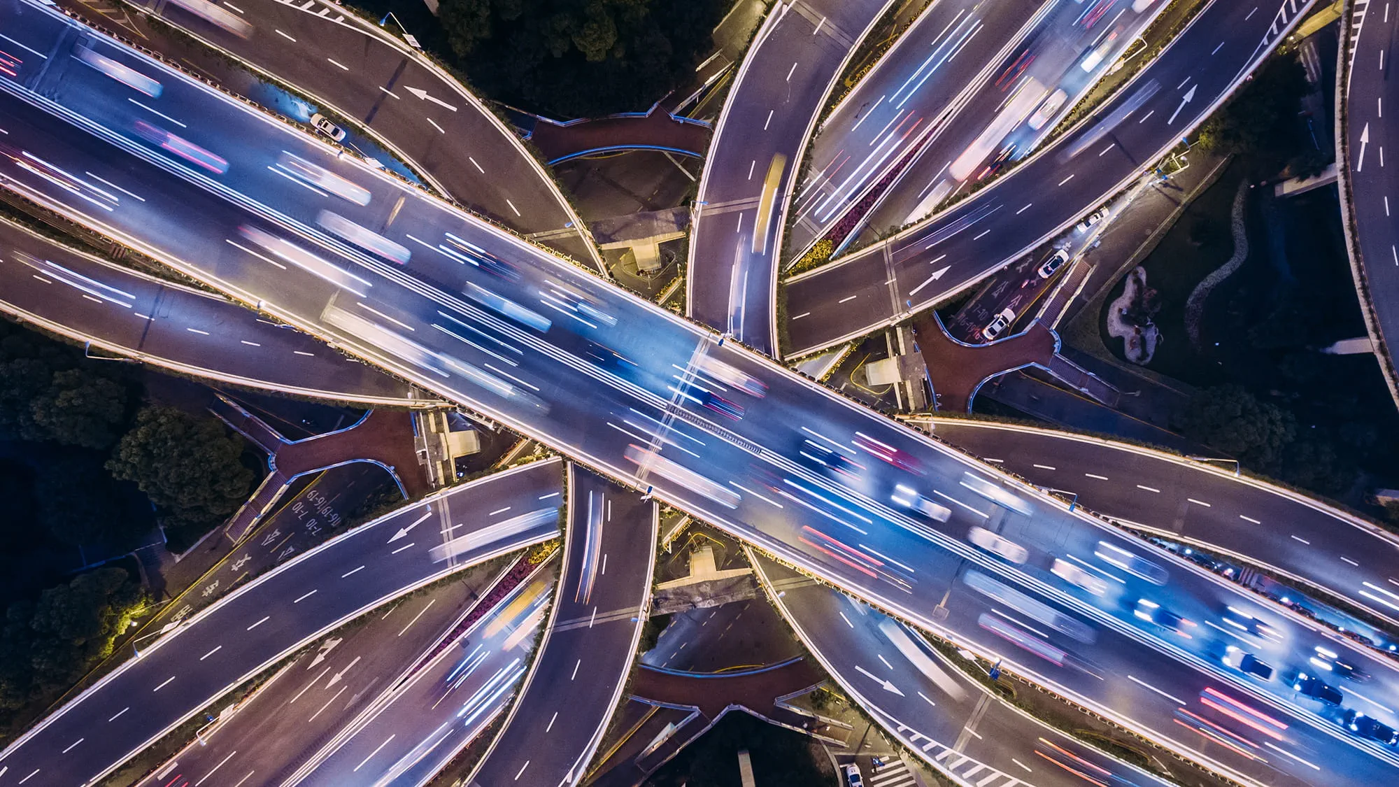 Aerial view of busy interchanges at night