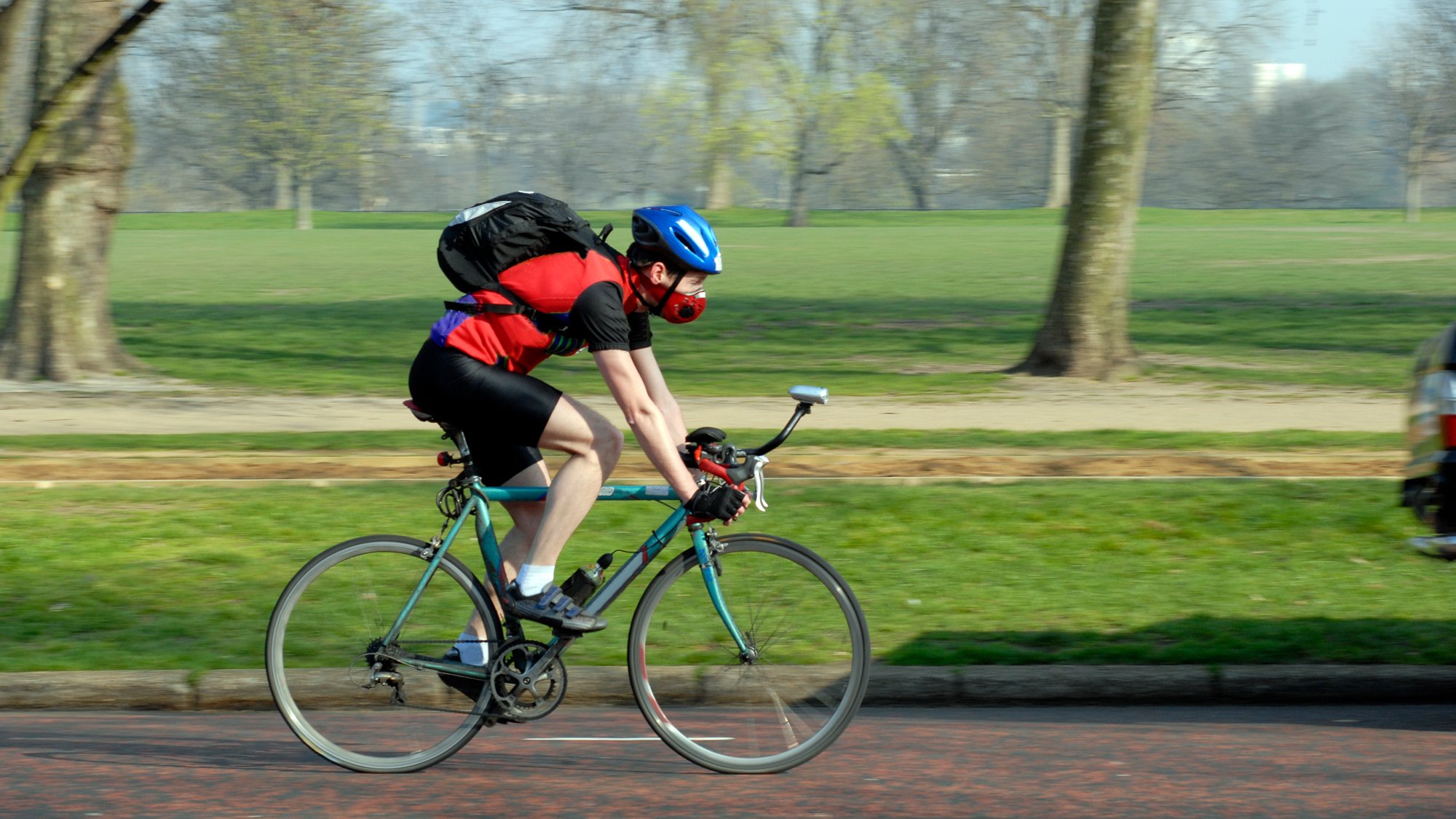 A man riding a bike in traffic in front of a green park