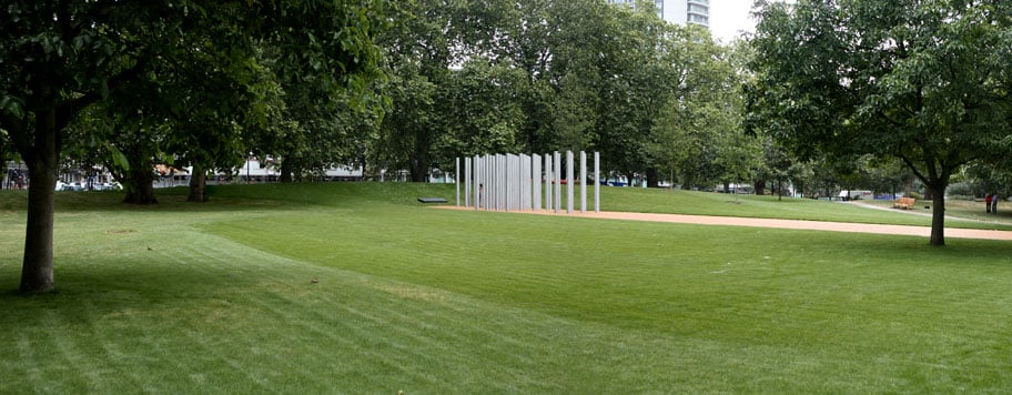 The design of the memorial commemorates each life lost with singular upright columns.