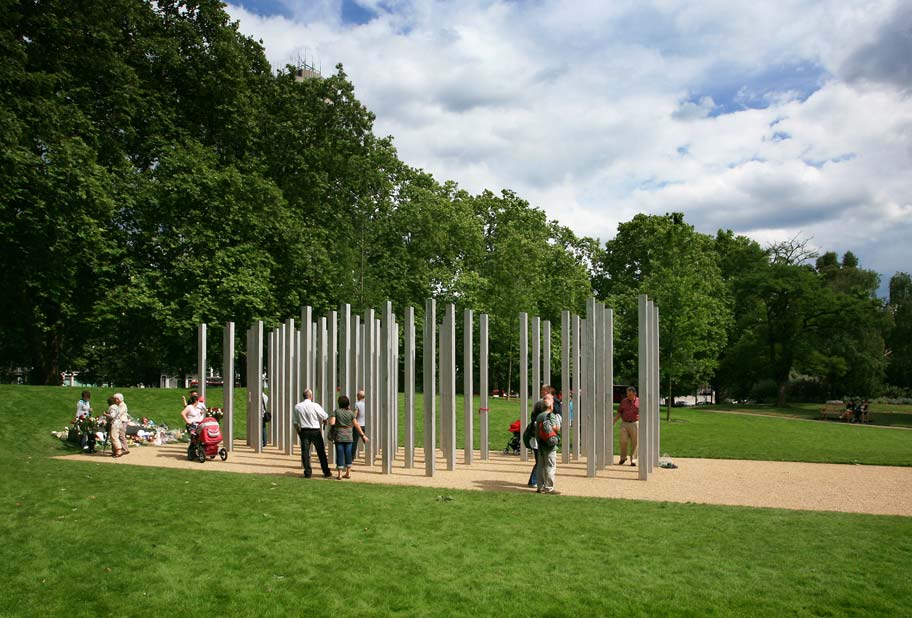 Visitors can walk around and through the memorial, reading inscriptions marking the date, time and locations of the bombings placed on each of the columns.