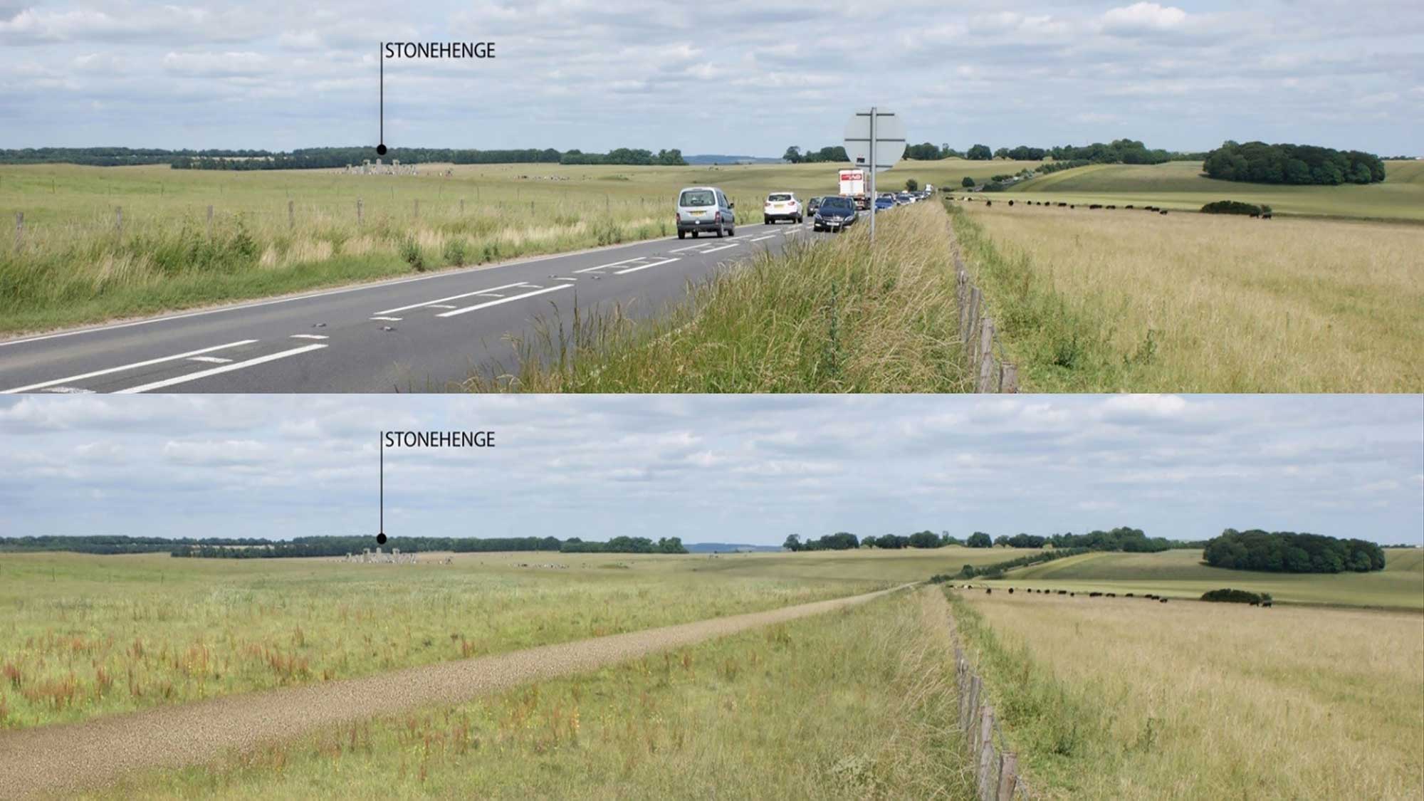 Before and after the road upgrade, a visualisation of the tunnel solution © Highways England