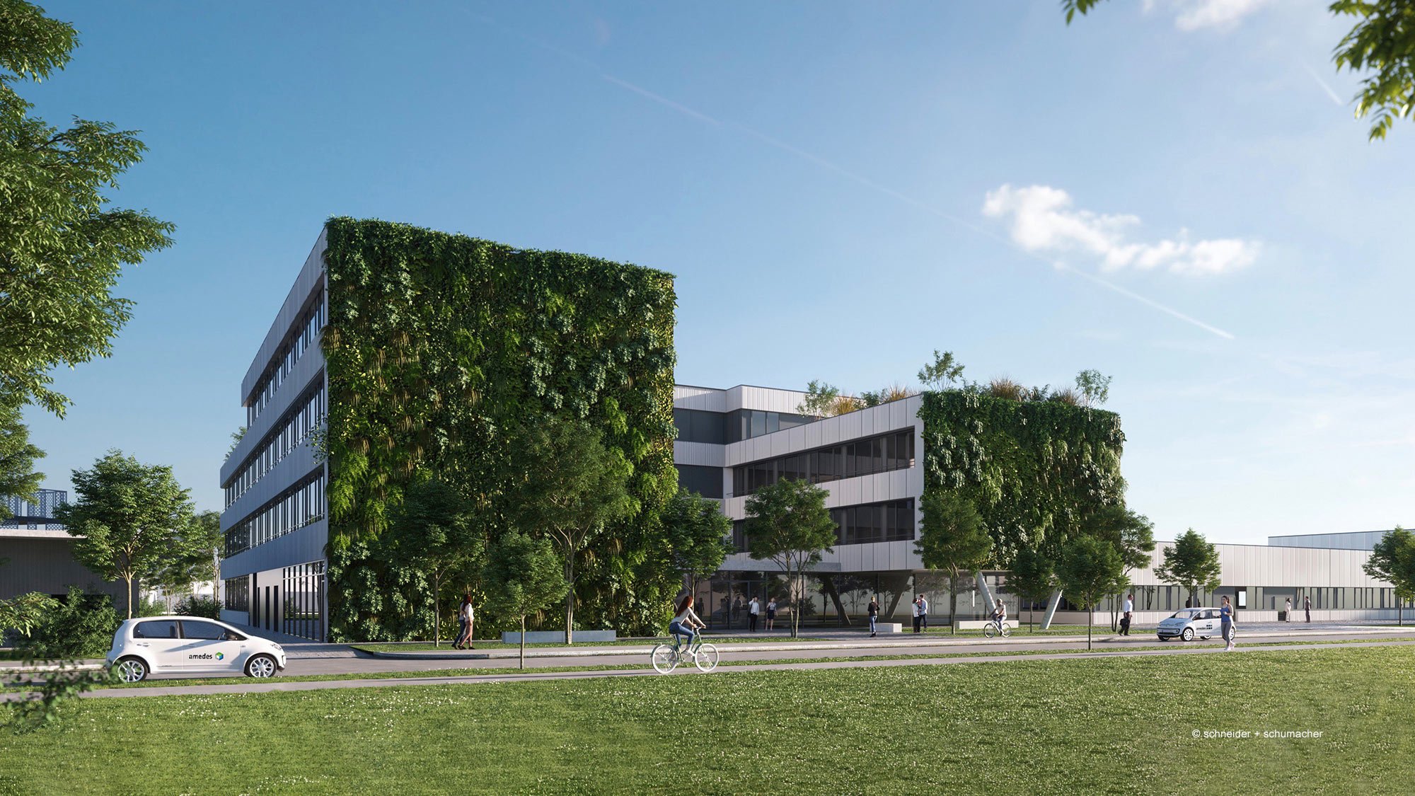Visualisierung des neuen amedes Kompetenzzentrums in Göttingen mit grüner Fassade.