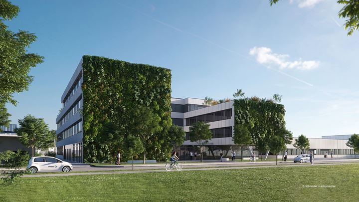 Visualisation of the new amedes Competency Centre in Göttingen with green facade.