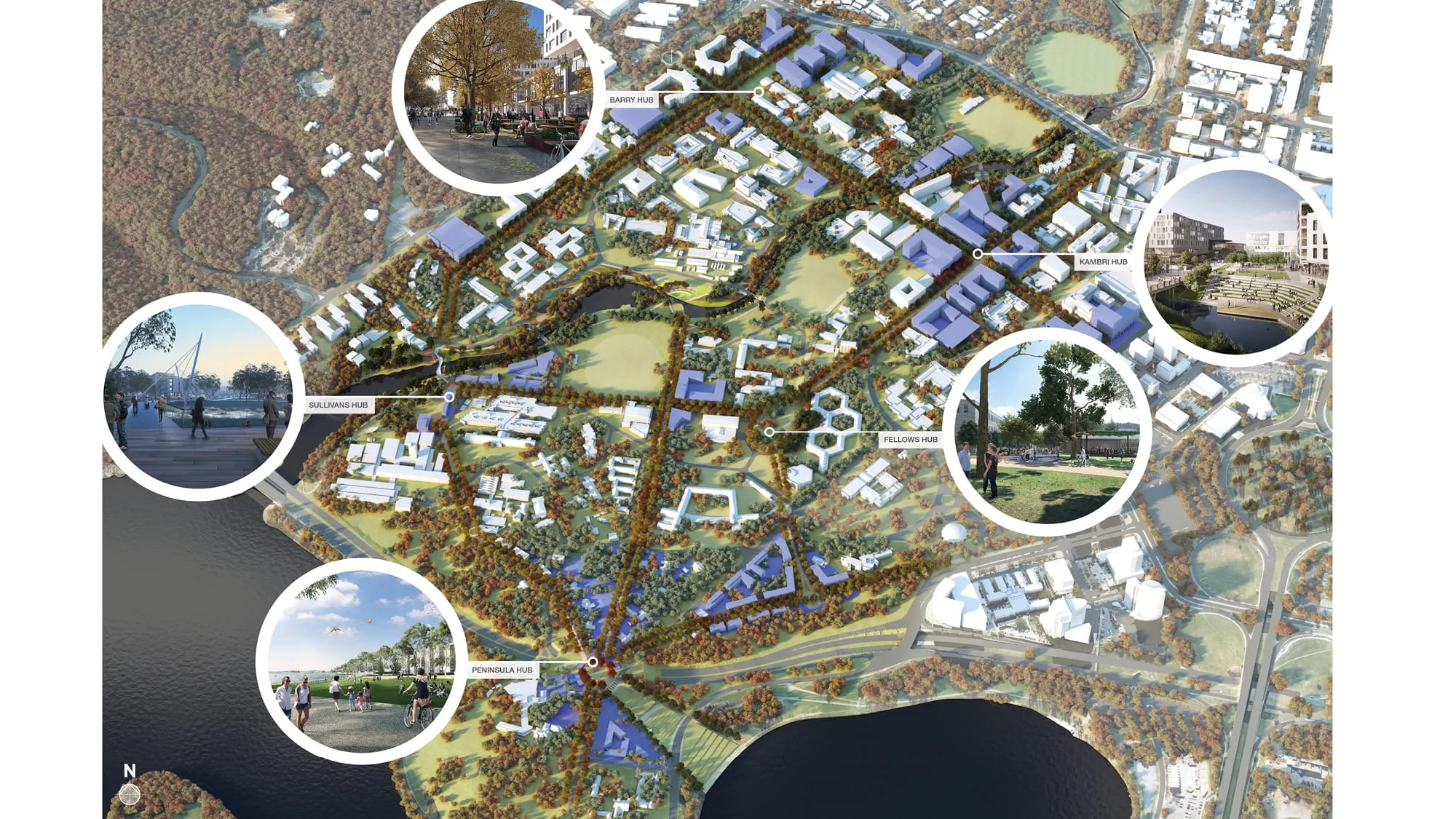 Aerial perspective render of the ANU Campus highlighting the 5 campus hubs