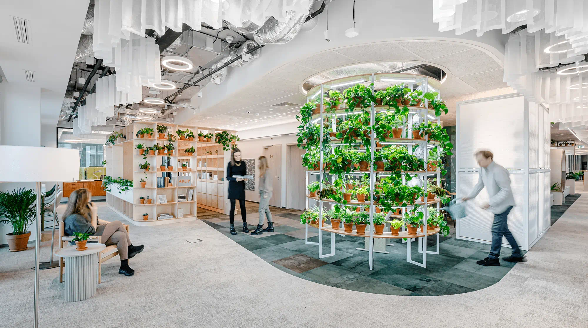 Two women and a man sitting in an office space, and there is a circule structure like a shelf with plants on