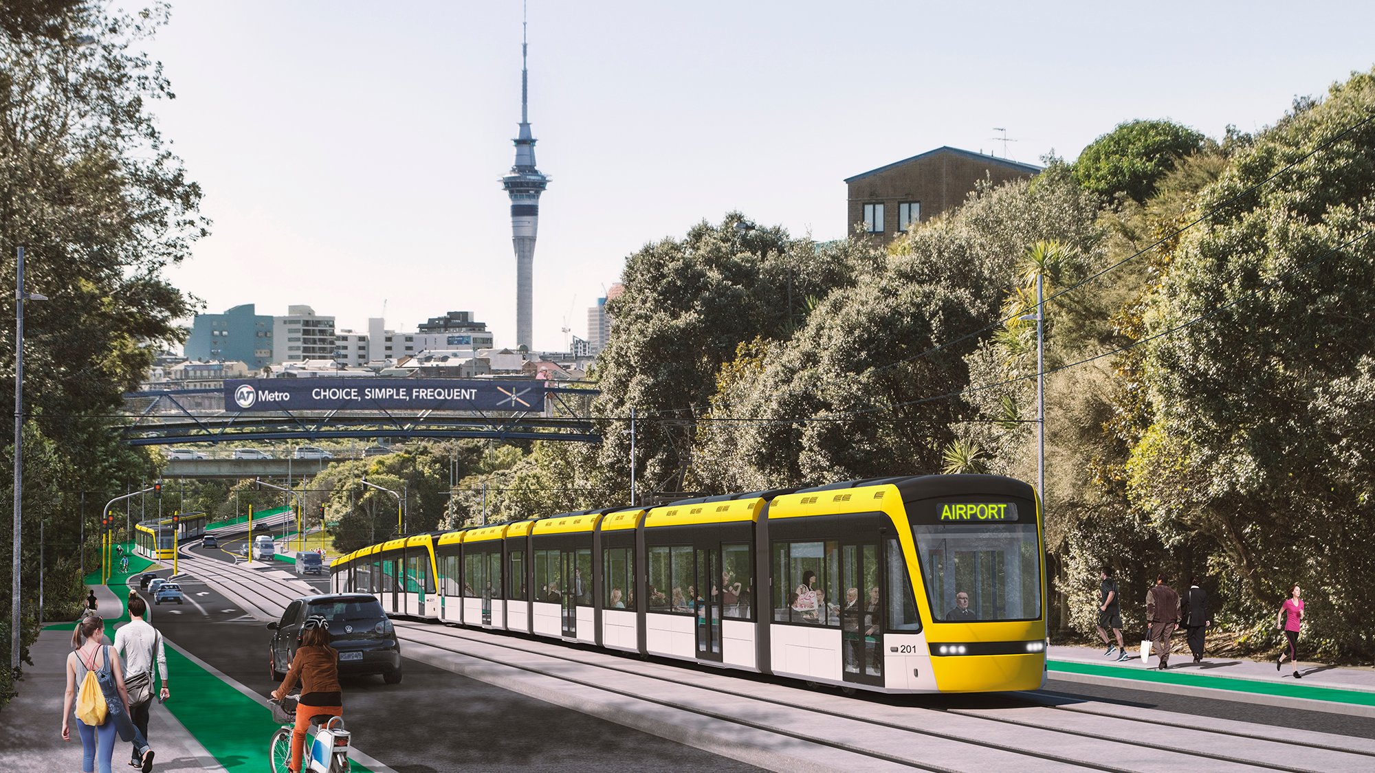 Artists impression of the proposed Auckland Light Rail operating through traffic with a view of the city in the background