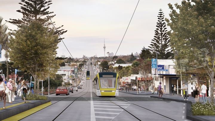 Artist's impression of light rail running along a road in Auckland