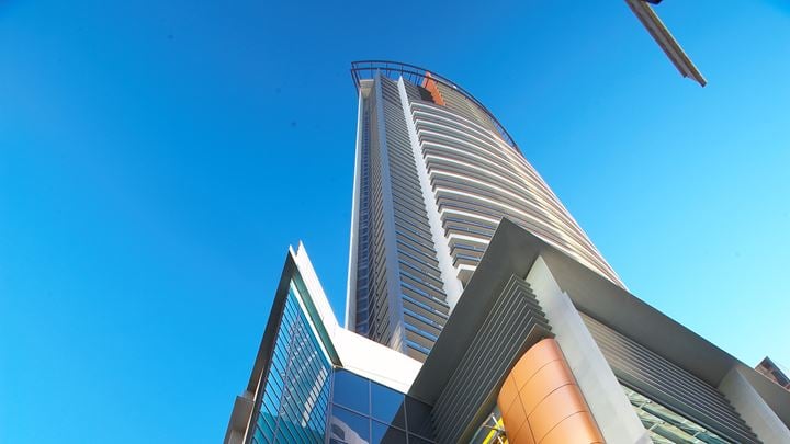 View of Aurora Tower, Brisbane, from street level