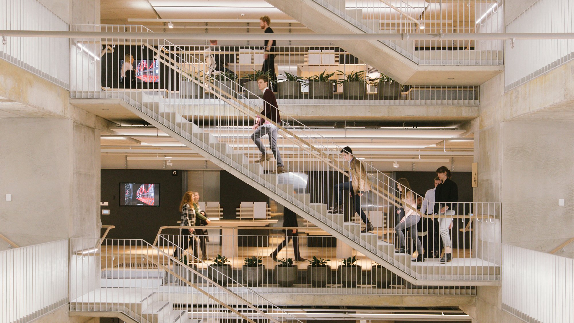 Office workers walking up multiple sets of stairs 