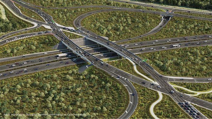 Artist impression of a major highway intersection with a Diverging Diamond Interchange design