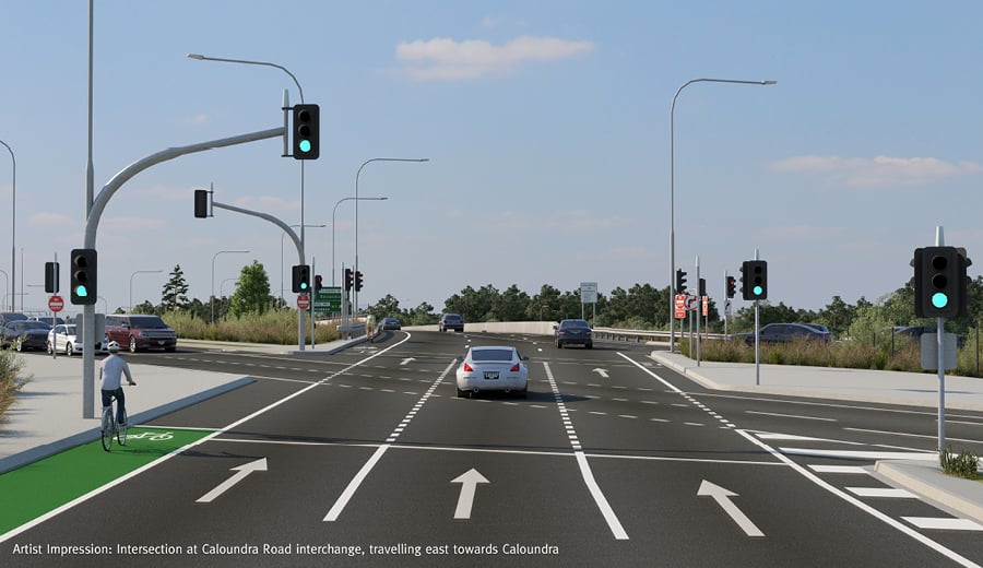 Artist impression of an intersection on a highway with traffic lights and bicycle lanes