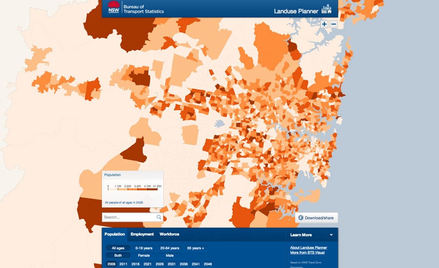 The Landuse Planner shows current and projected figures for population, employment and workforce by municipality, before allowing further segmentation by demography.