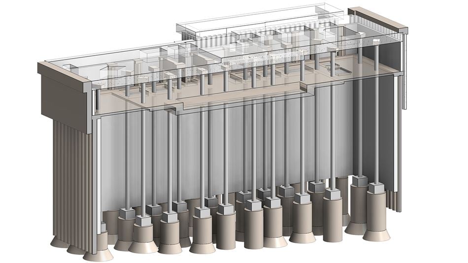 Reinforced concrete columns provide support to the building above.