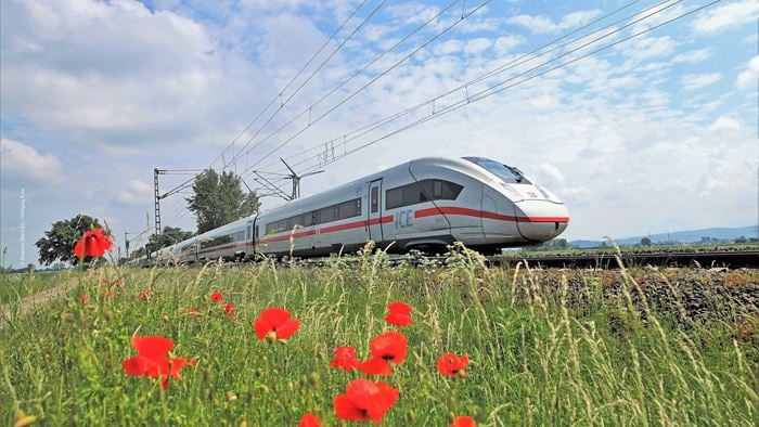 A Deutsche Bahn ICE train with a blue sky in the background and a meadow with poppies in the foreground.