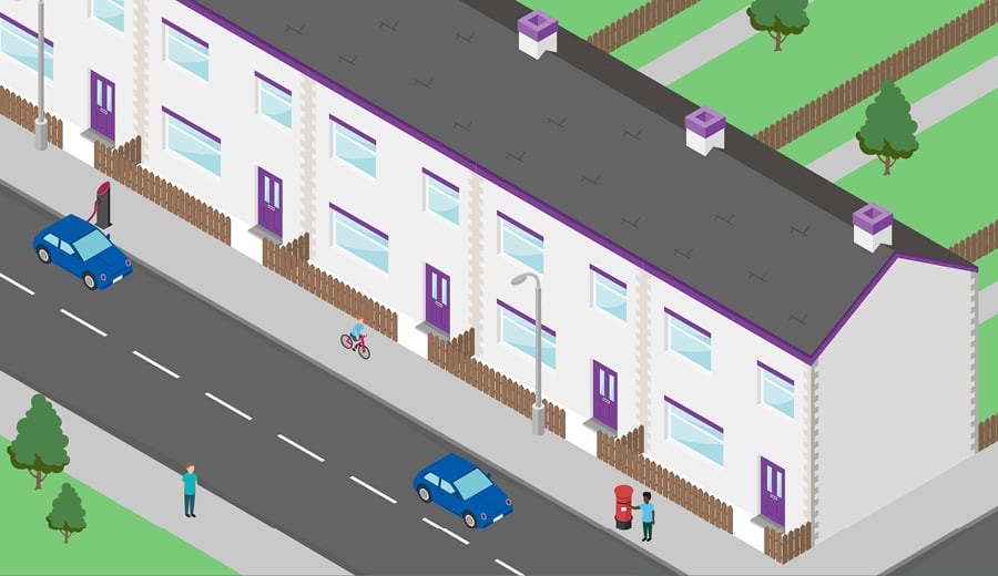 Brightly coloured illustration showing city streets with people walking around EV charging stations for cars, taxis, buses