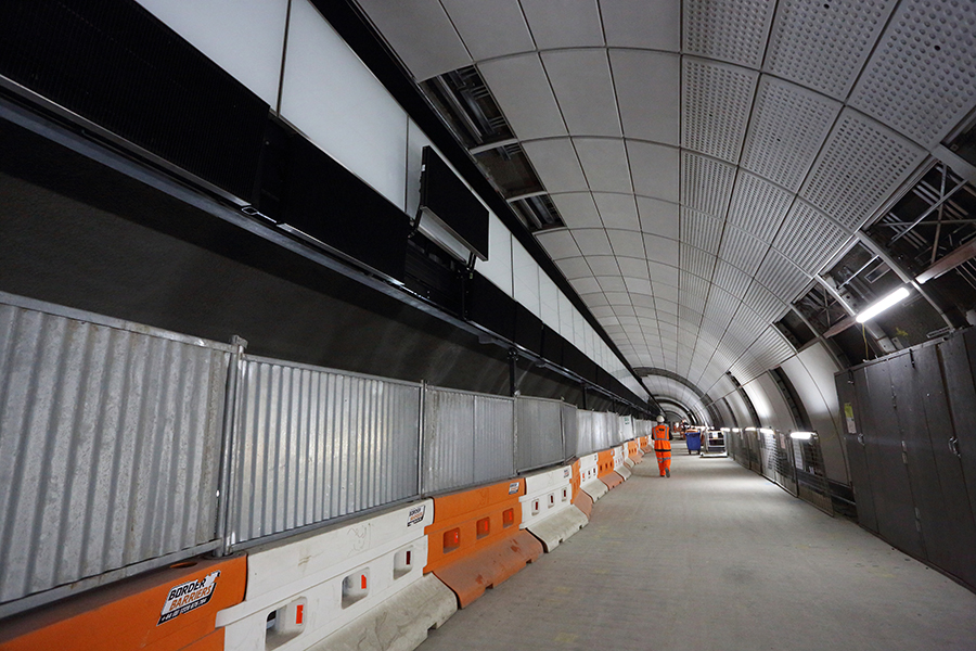 Platform tunnel at Tottenham Court Road during construction. 
